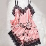 HEART AND LETTER PRINT LACE -TRIM SATIN PAJAMA SET