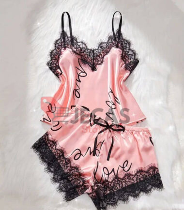 HEART AND LETTER PRINT LACE -TRIM SATIN PAJAMA SET