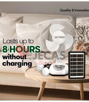 GDtimes 12 Inches Rechargeable Table Fan +Solar Panel 8hrs Duration 6000mah Lithium Battery