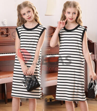 Girls' Stripe Cotton Long Dresses-Black