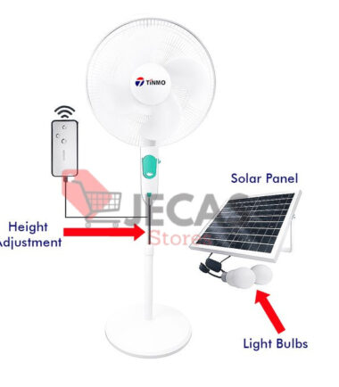 18 Inches Rechargeable Standing Fan + 12 Months Warranty + Solar Panel & 2 Bulbs white