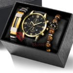 3-piece Gold Luxury Men's Bracelet And Watch Set, Party Gathering, Wristwatch Series