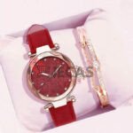 2PC Red Leather & Alloy Watch Set – Quartz Jewelry Gift For Women