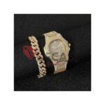 2 IN1 Men's Diamond Watch + Bracelets Gold Cuban Chain (20cm)